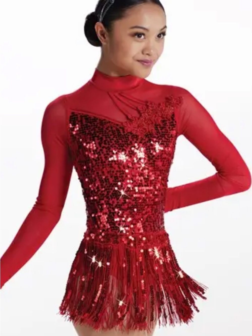 Weissman Red Sequin Fringe Dance Costume with Long Sleeves worn once